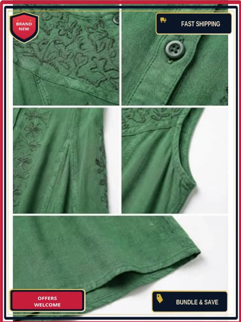 Women's Floral Embroidered Midi Sleeveless Button Up Rayon Dress